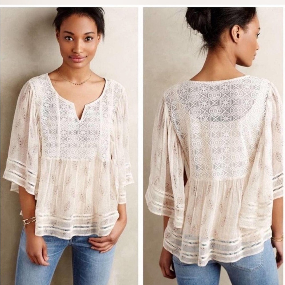 NWT Anthropologie Meadow Rue Aeris Silk Peasant Prairie Blouse Size XS